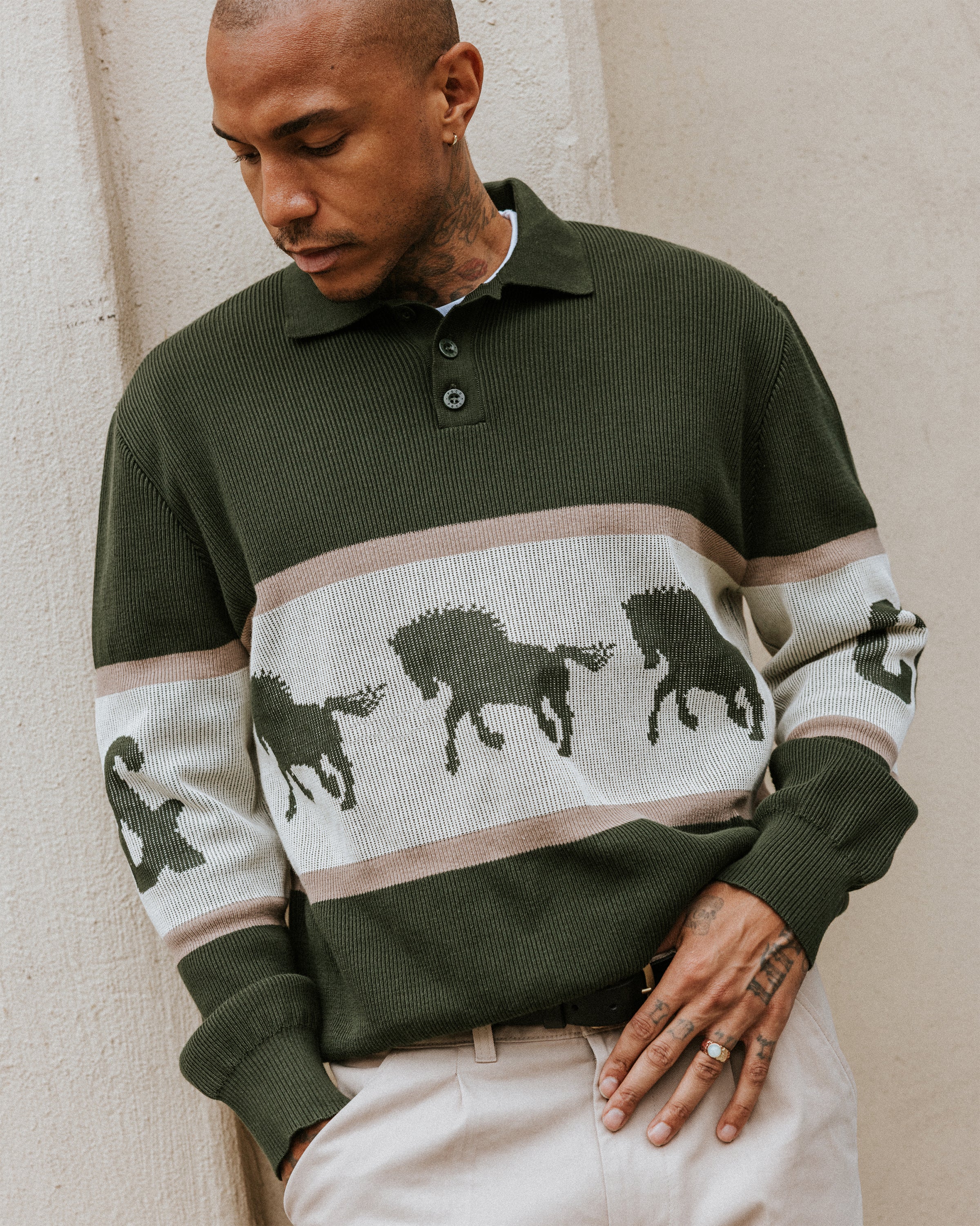Bronco Knitted Polo Shirt - Olive - Image 3