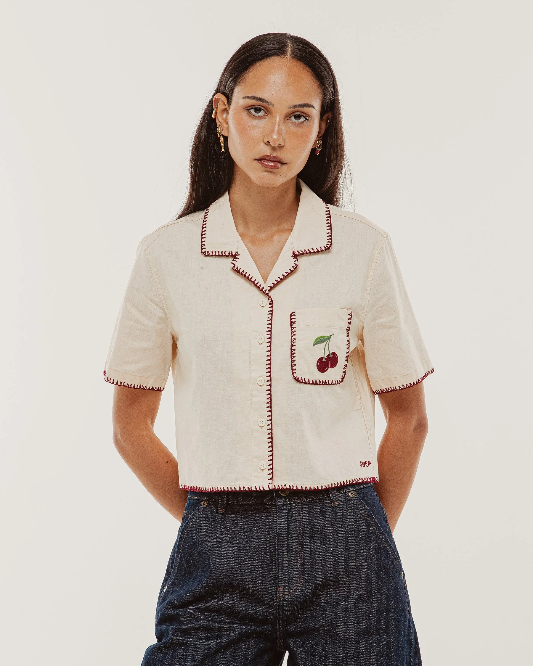 Cherry Embroidered Linen Shirt - Ecru - Image 10
