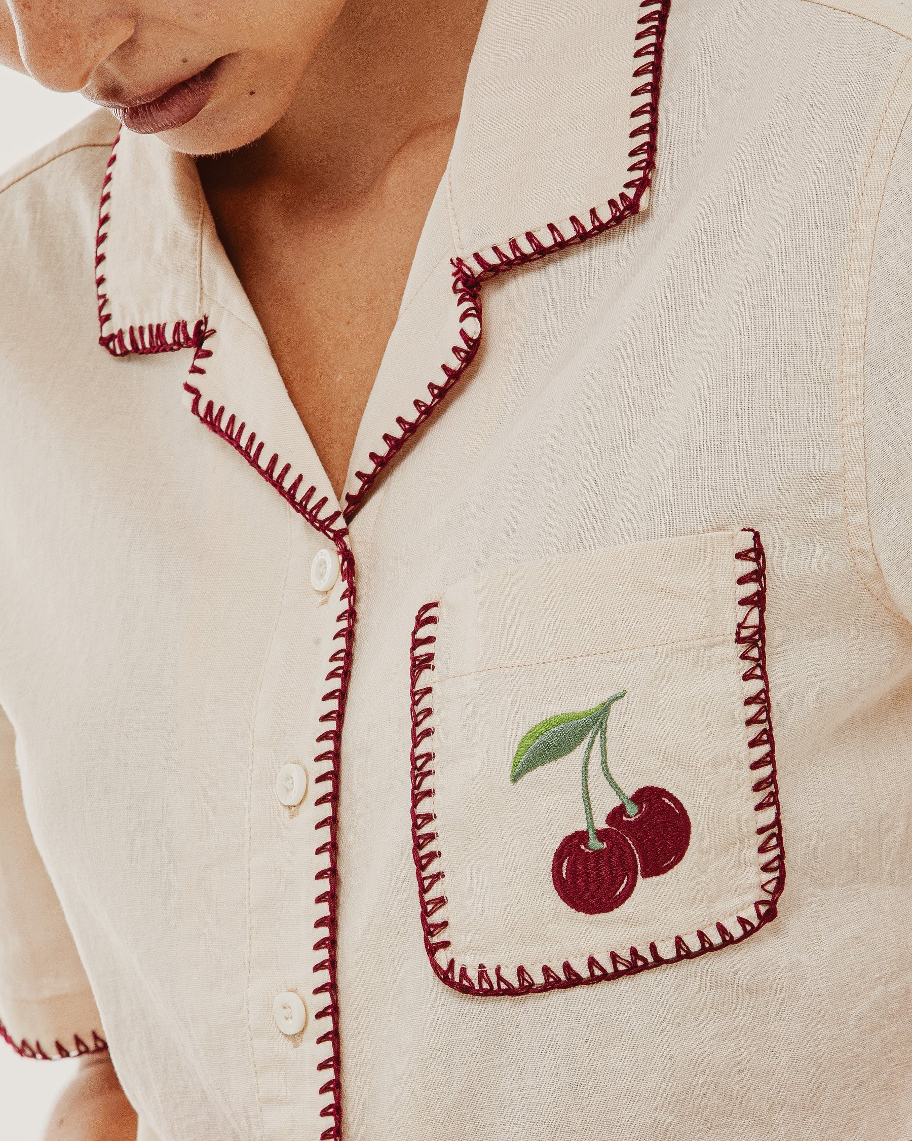 Cherry Embroidered Linen Shirt - Ecru - Image 3