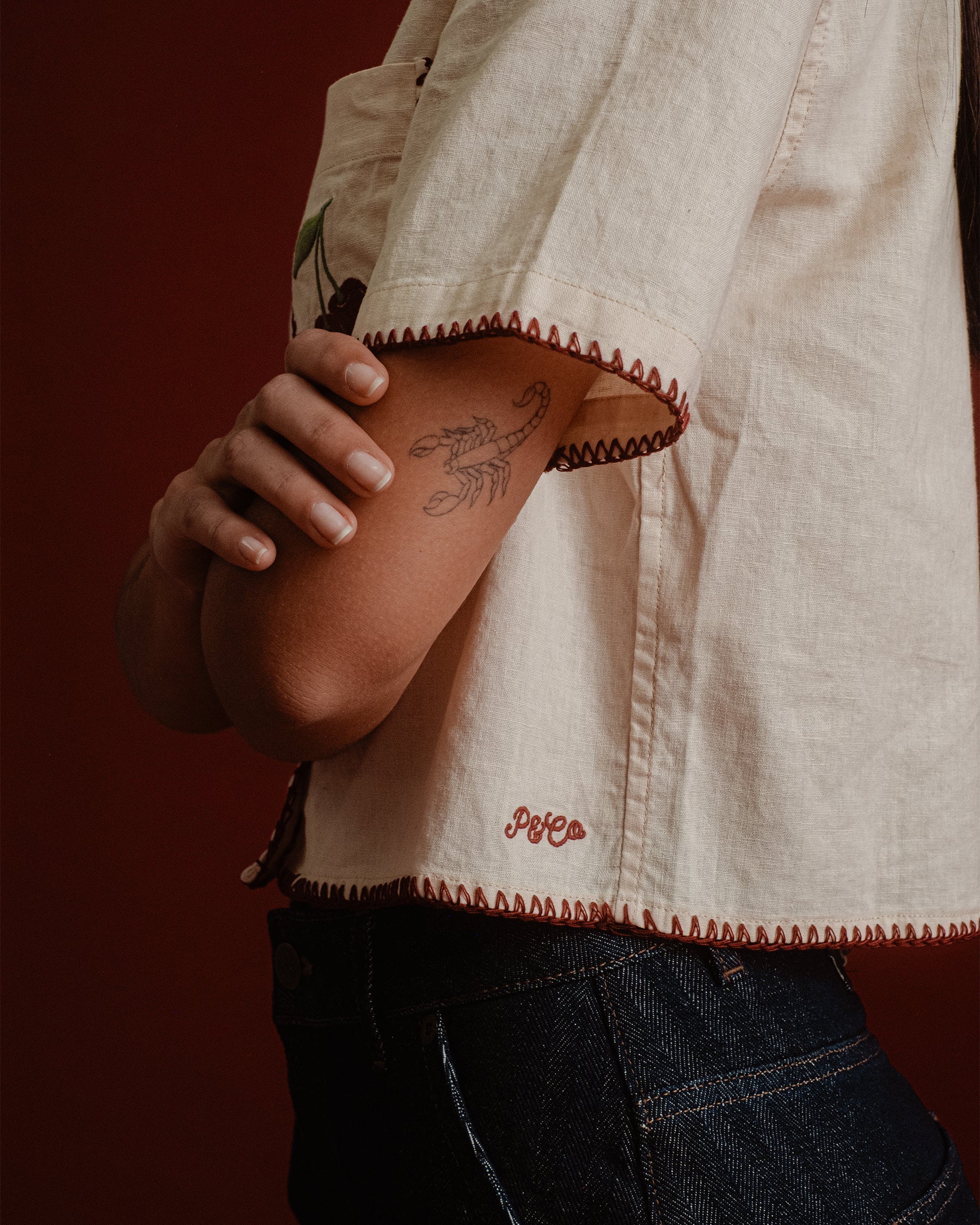 Cherry Embroidered Linen Shirt - Ecru - Image 4