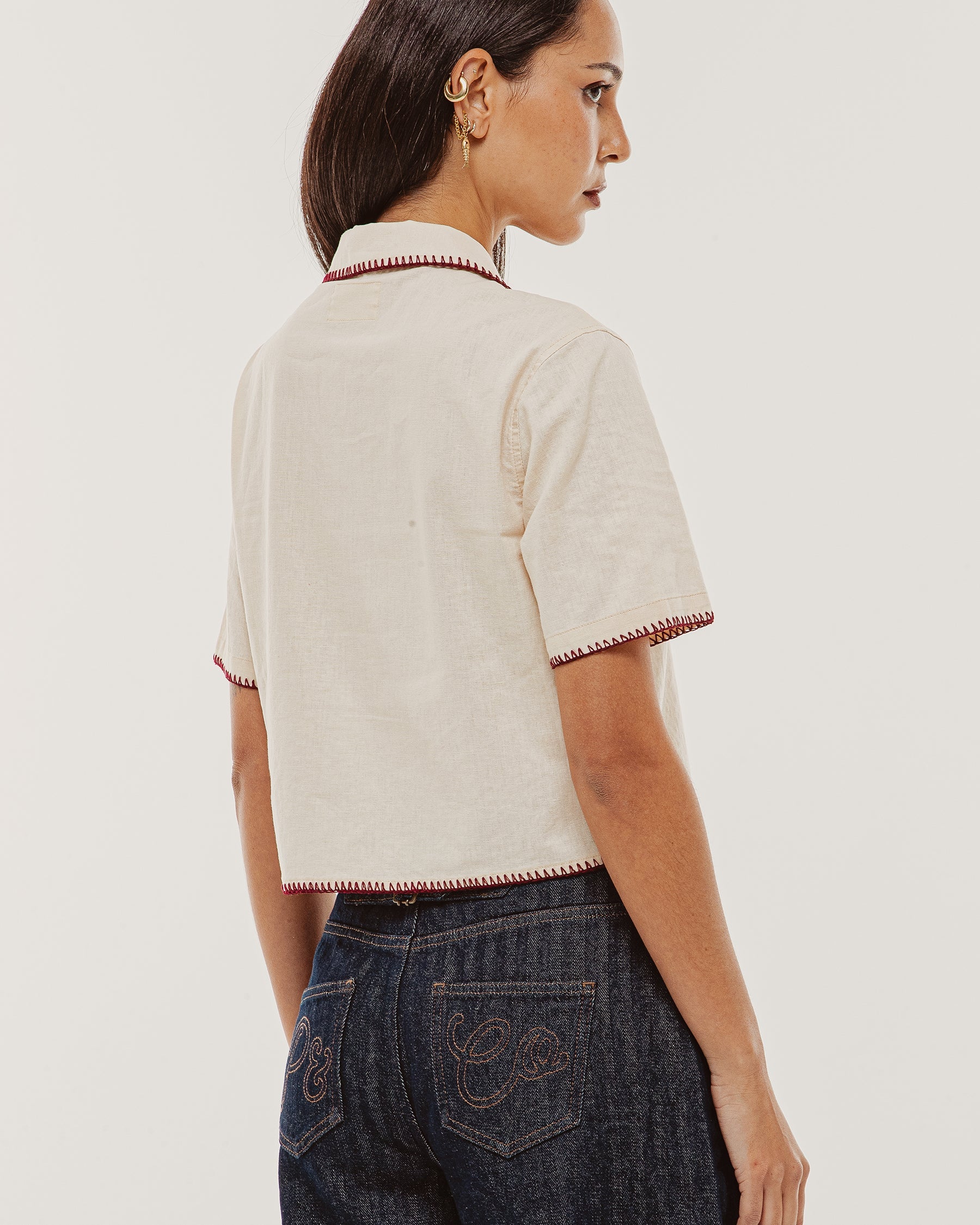 Cherry Embroidered Linen Shirt - Ecru - Image 5