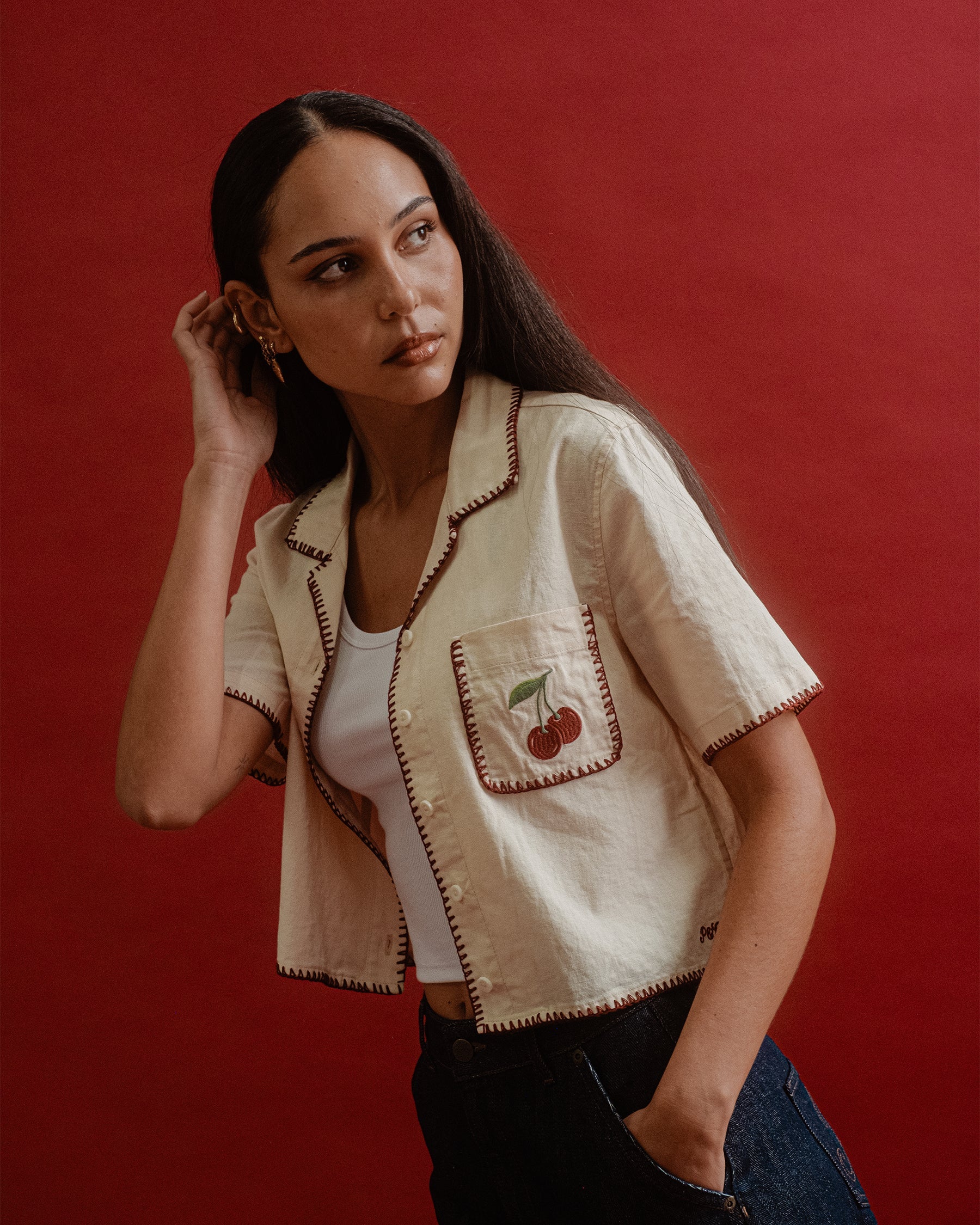 Cherry Embroidered Linen Shirt - Ecru - Image 7