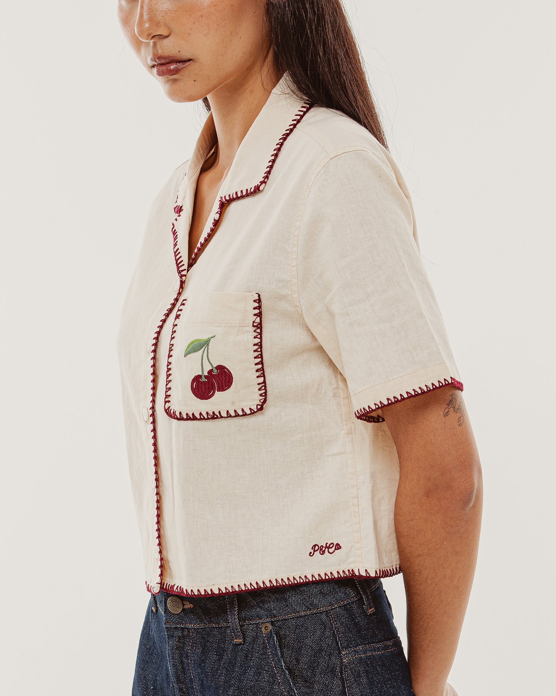 Cherry Embroidered Linen Shirt - Ecru - Image 8