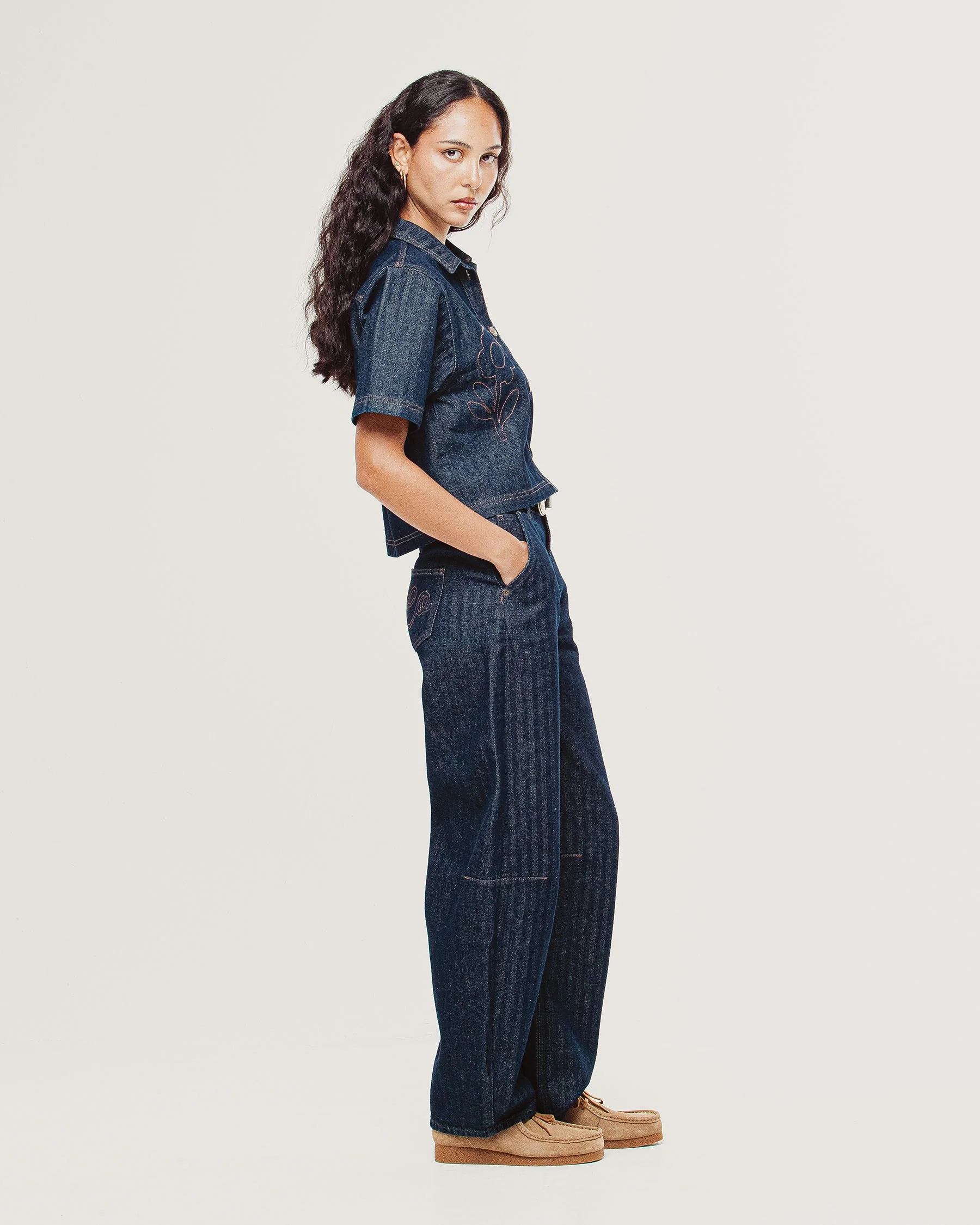 Lizzie Herringbone Denim Shirt - Washed Indigo - Image 12
