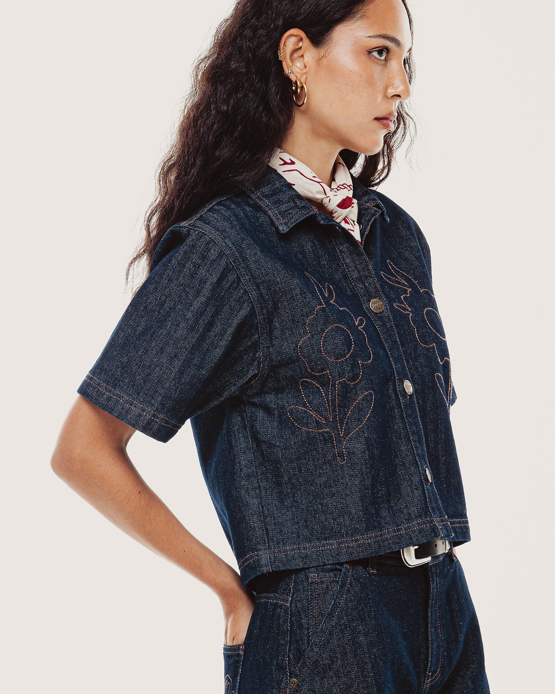 Lizzie Herringbone Denim Shirt - Washed Indigo - Image 4