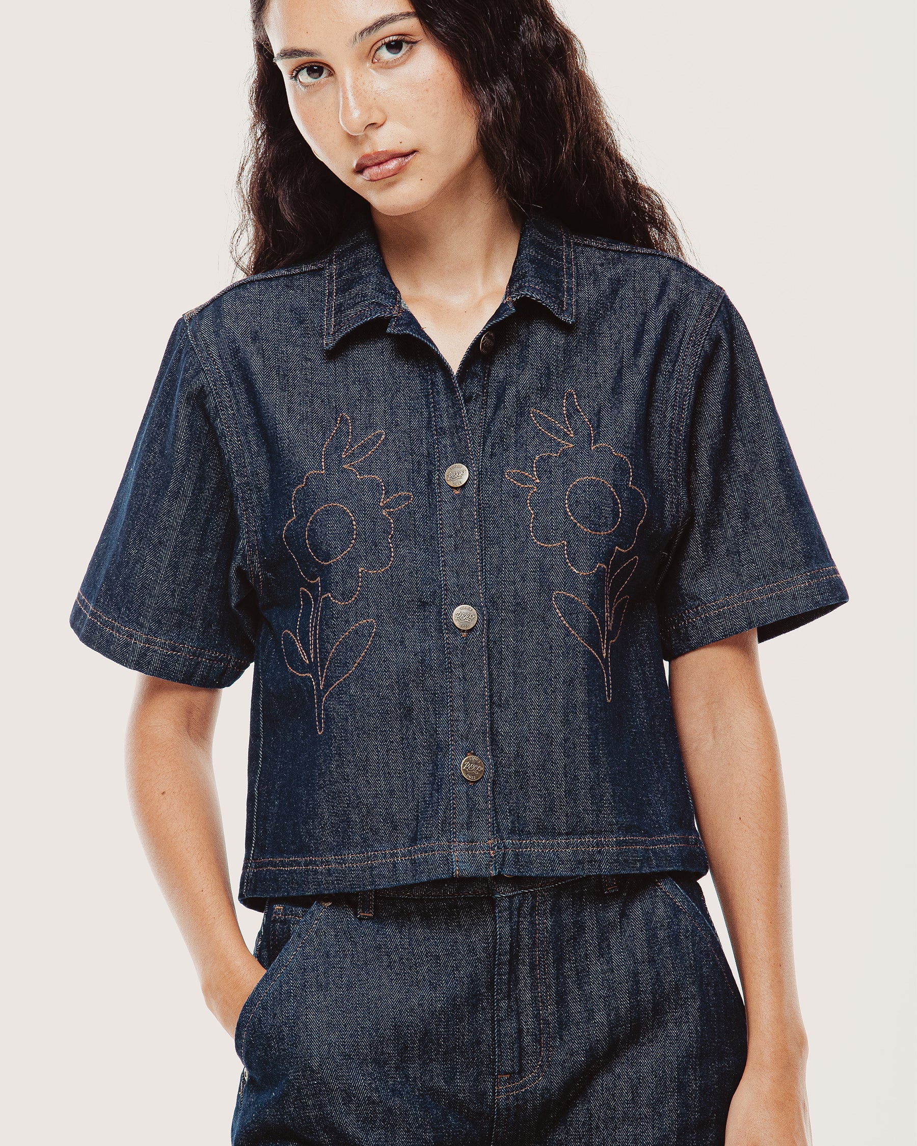 Lizzie Herringbone Denim Shirt - Washed Indigo - Image 6