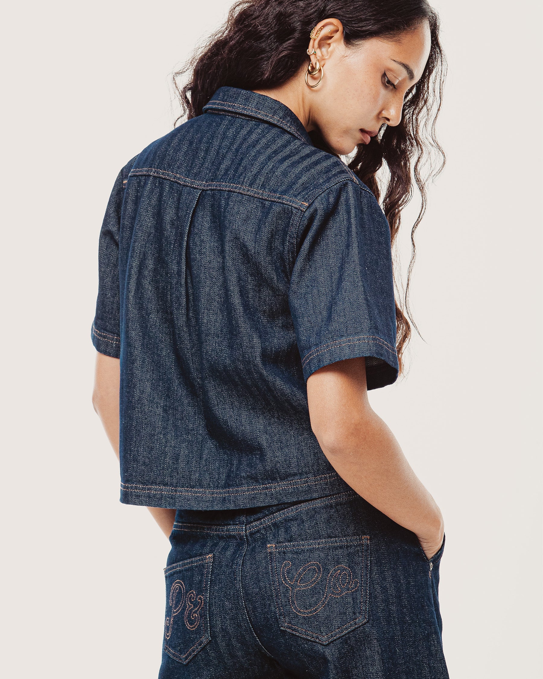 Lizzie Herringbone Denim Shirt - Washed Indigo - Image 8