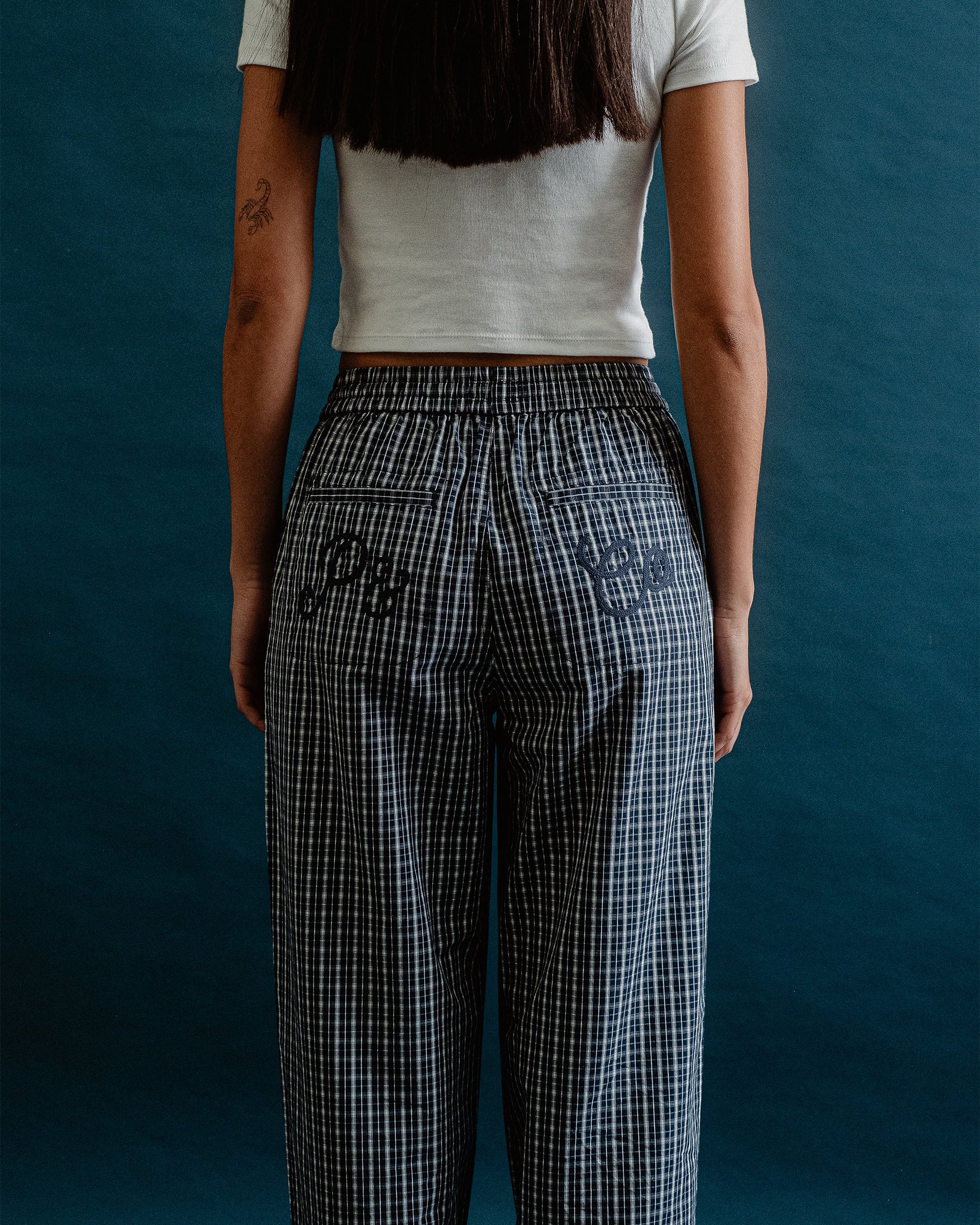 Olivia Drawstring Pant - Navy Plaid - Image 3