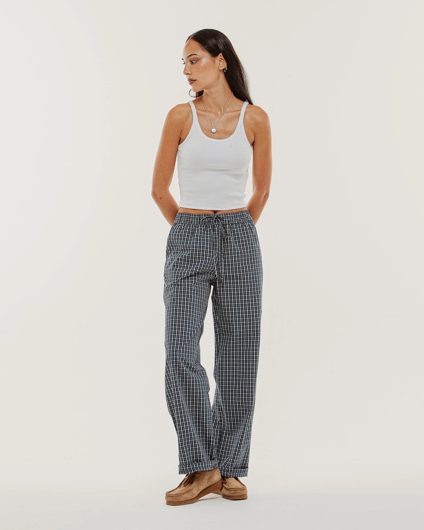 Olivia Drawstring Pant - Navy Plaid - Image 9