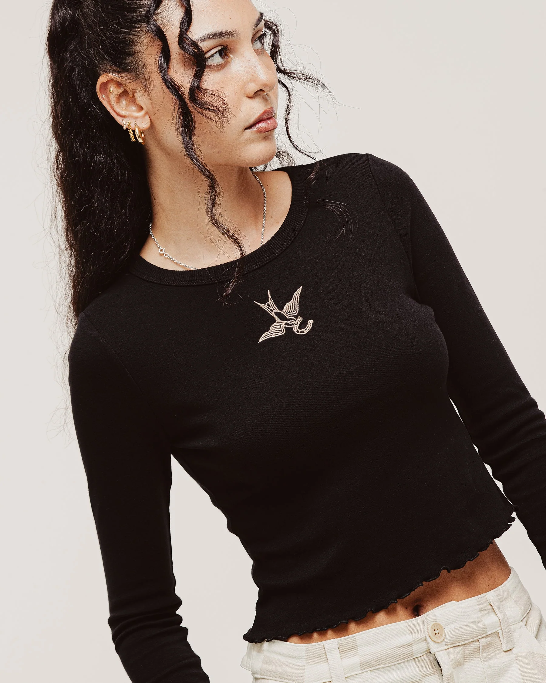 Swallow Longsleeve Baby T-Shirt - Washed Black - Image 3