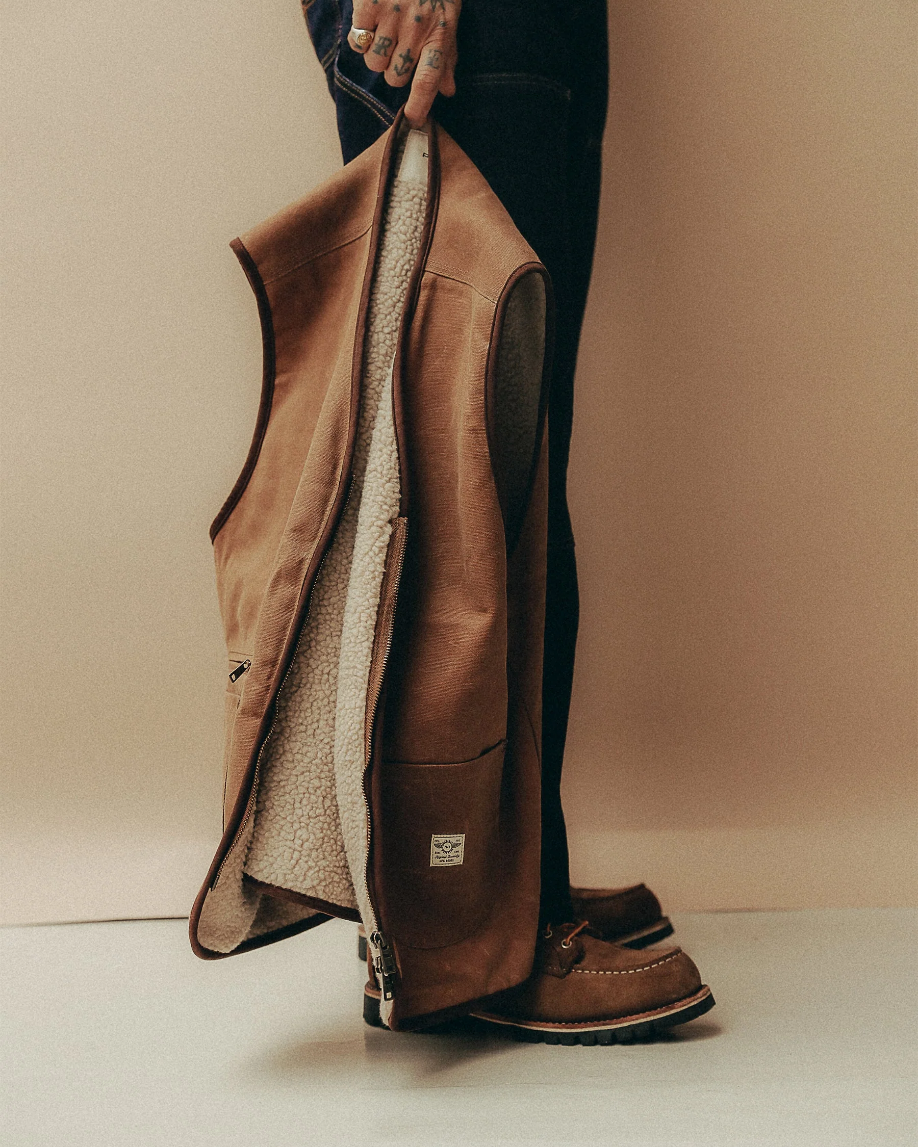 Wayfinder Sherpa Lined Waxed Vest - Tan - Image 3