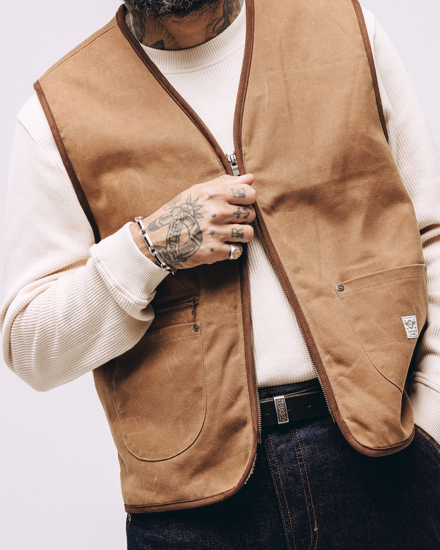 Wayfinder Sherpa Lined Waxed Vest - Tan - Image 5