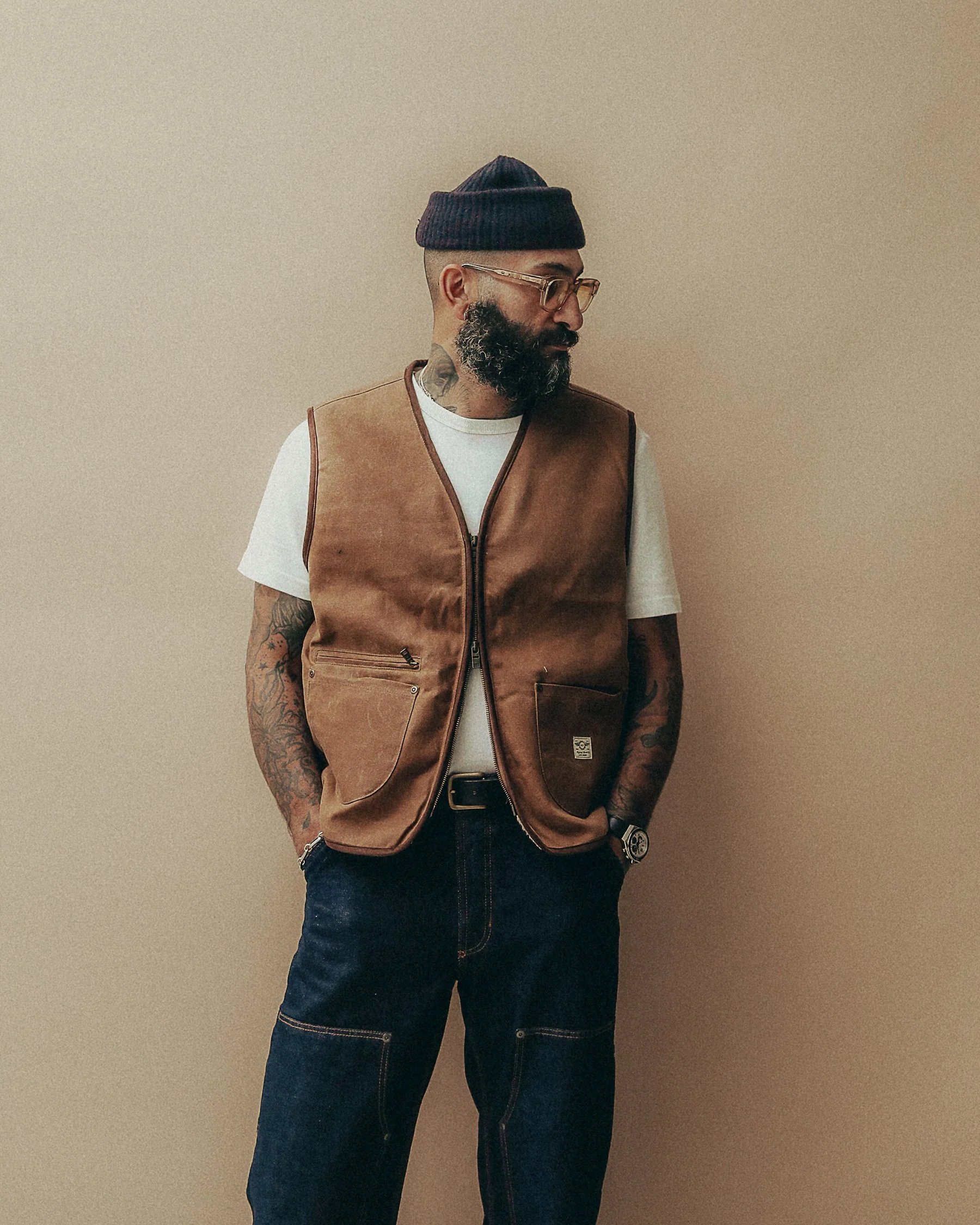 Wayfinder Sherpa Lined Waxed Vest - Tan - Image 6