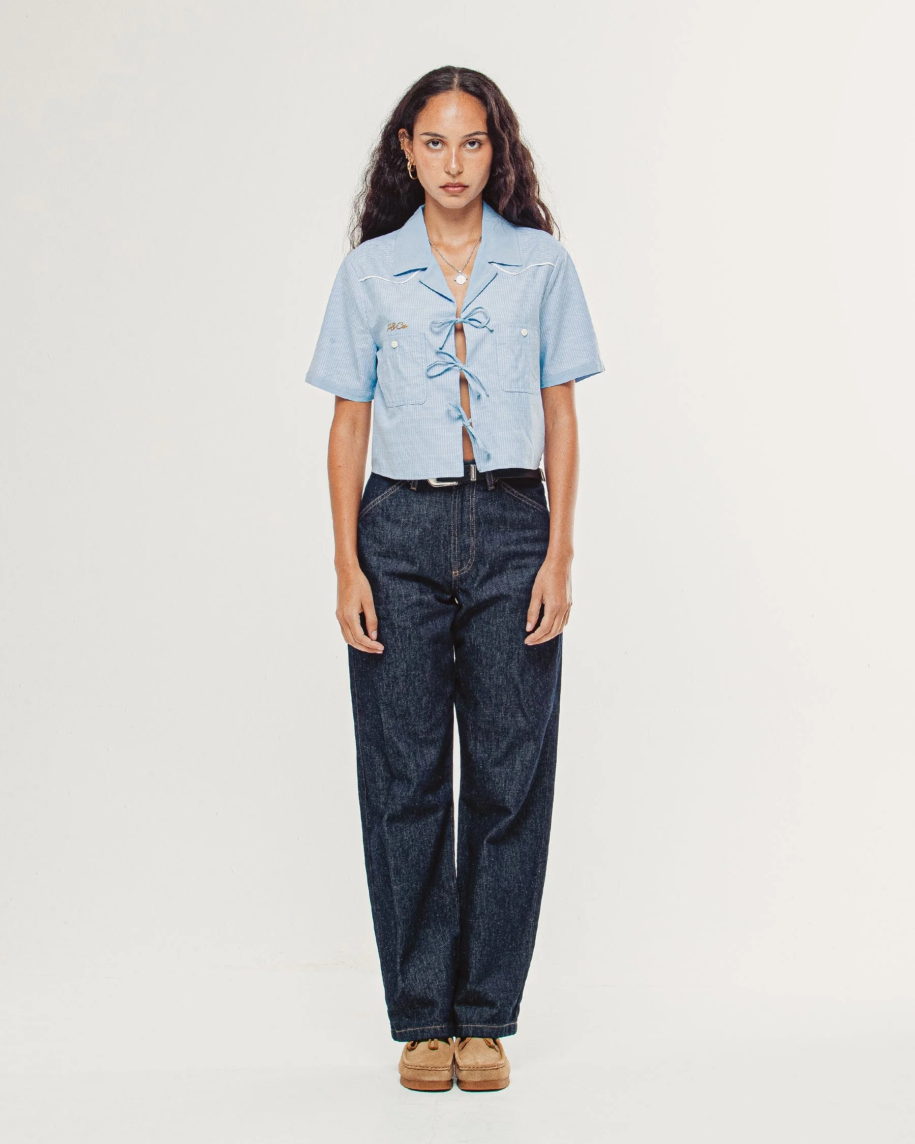 Wildflower Bow-Tie Cropped Shirt - Blue Hickory Stripe - Image 10