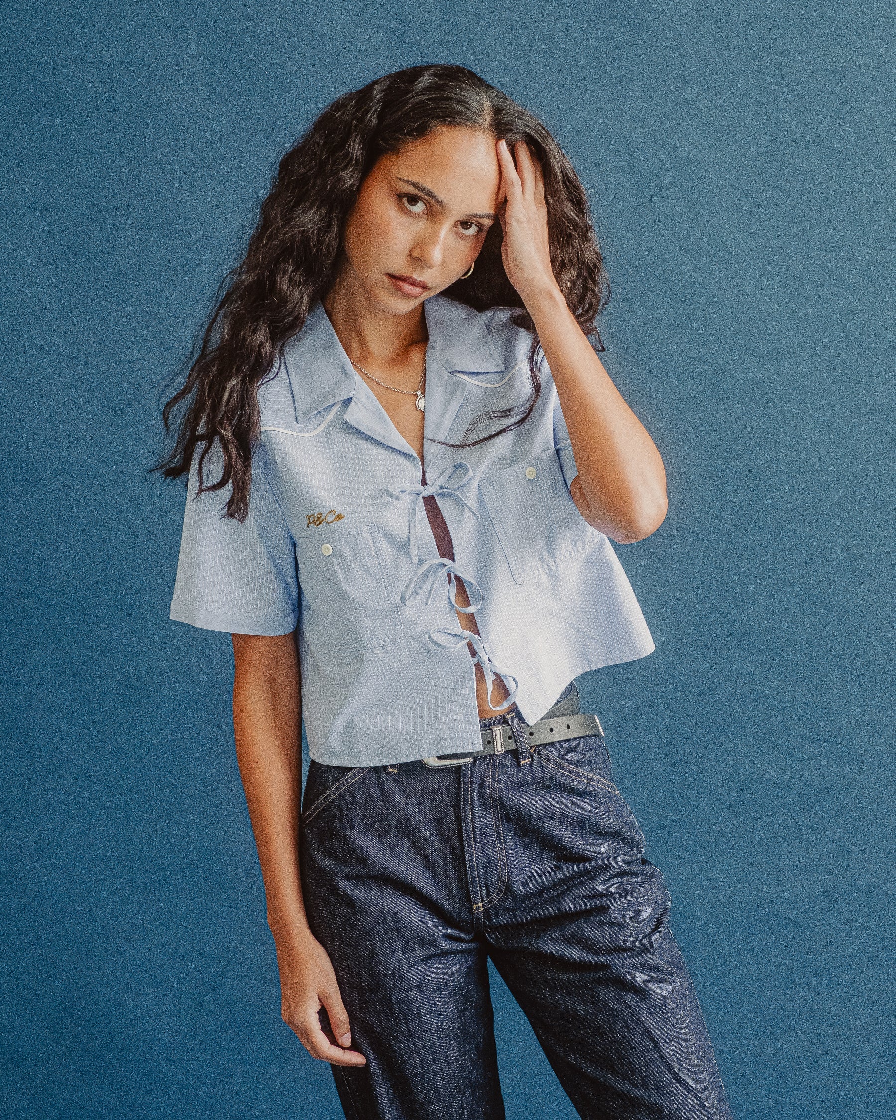Wildflower Bow-Tie Cropped Shirt - Blue Hickory Stripe - Image 3