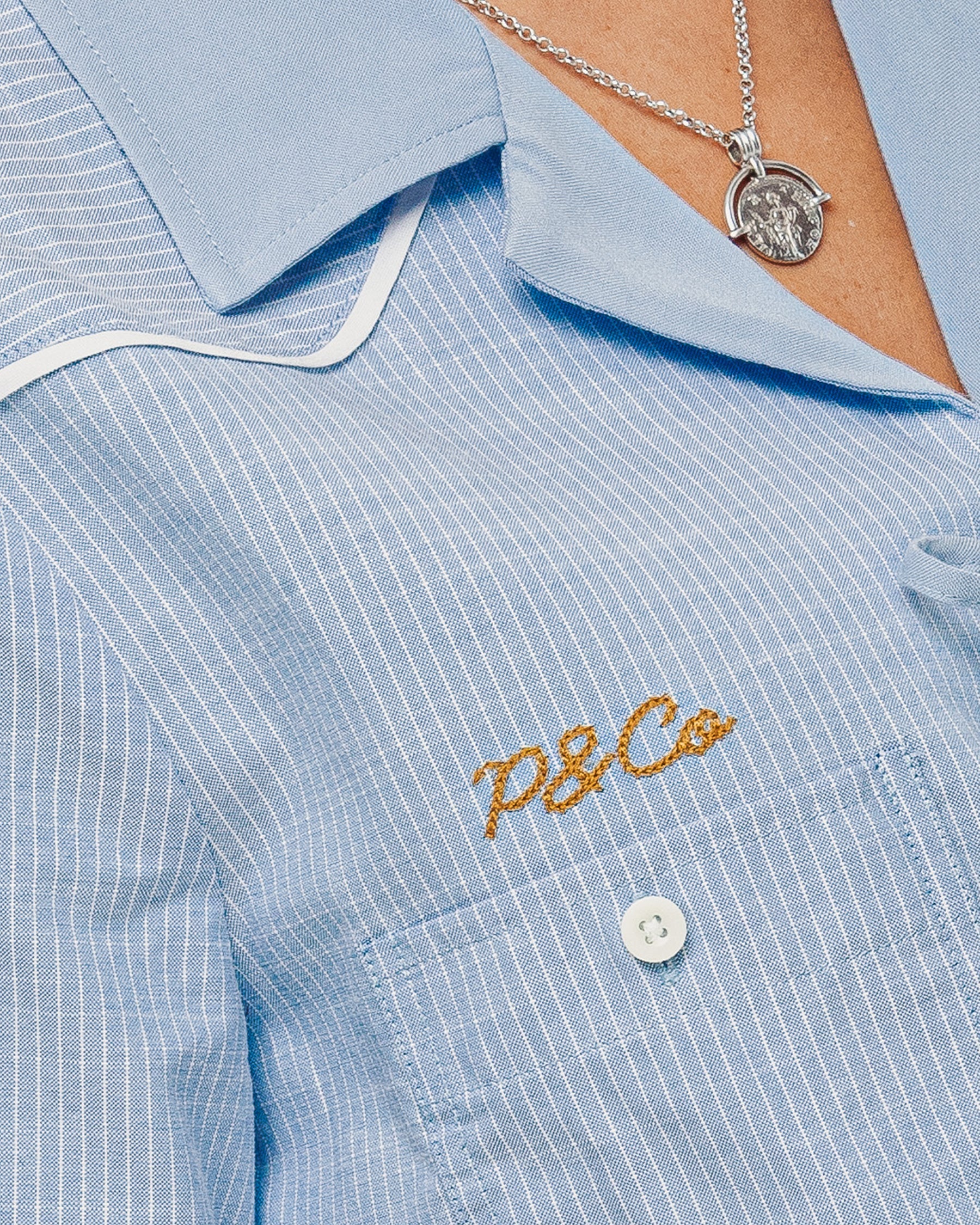 Wildflower Bow-Tie Cropped Shirt - Blue Hickory Stripe - Image 4