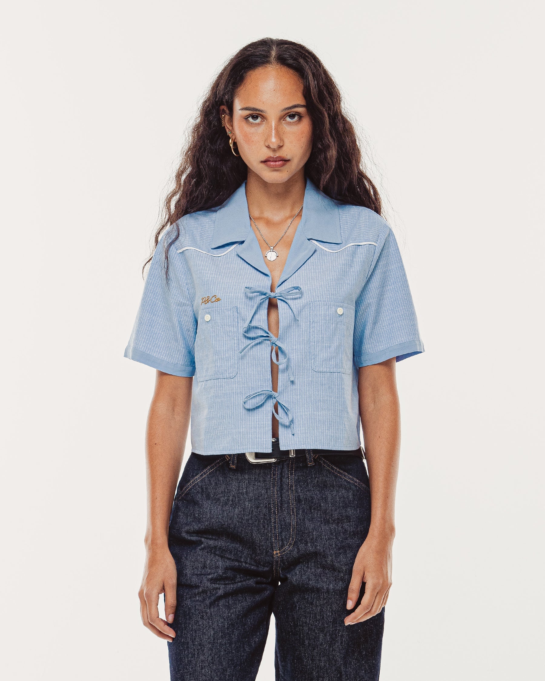 Wildflower Bow-Tie Cropped Shirt - Blue Hickory Stripe - Image 7