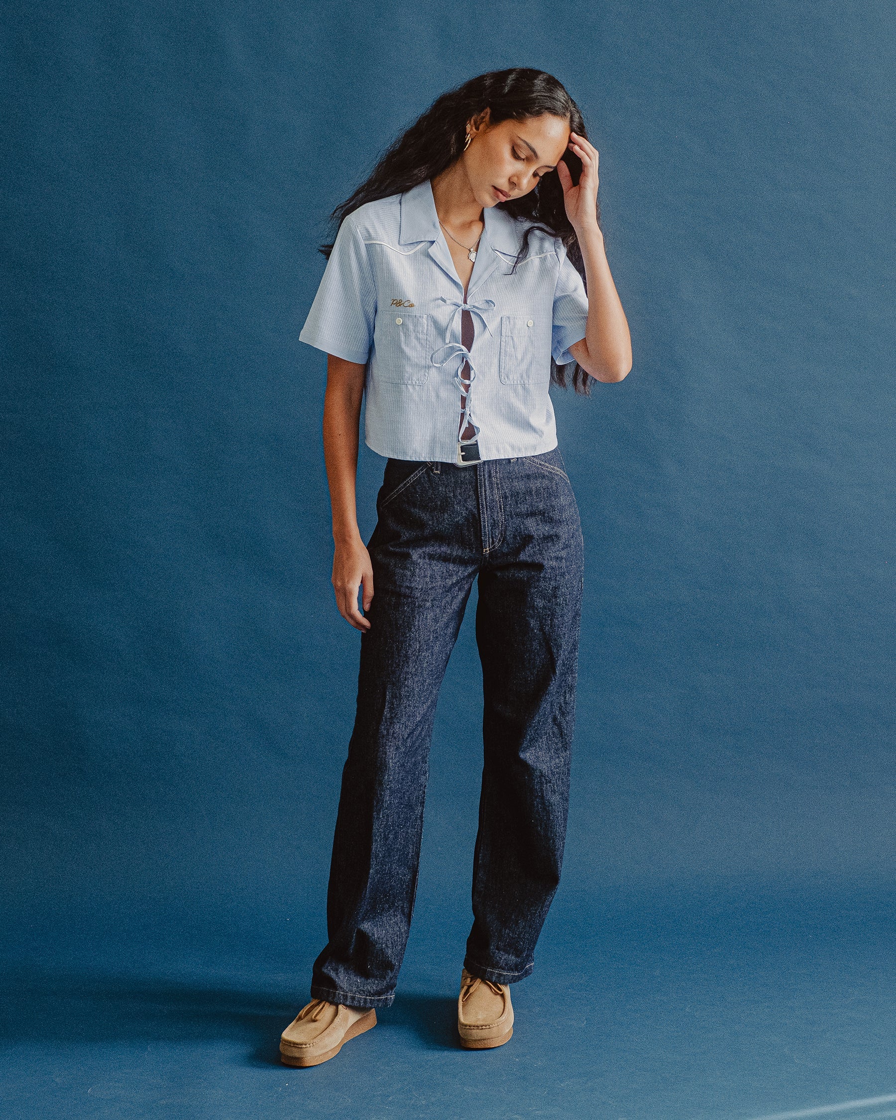 Wildflower Bow-Tie Cropped Shirt - Blue Hickory Stripe - Image 9